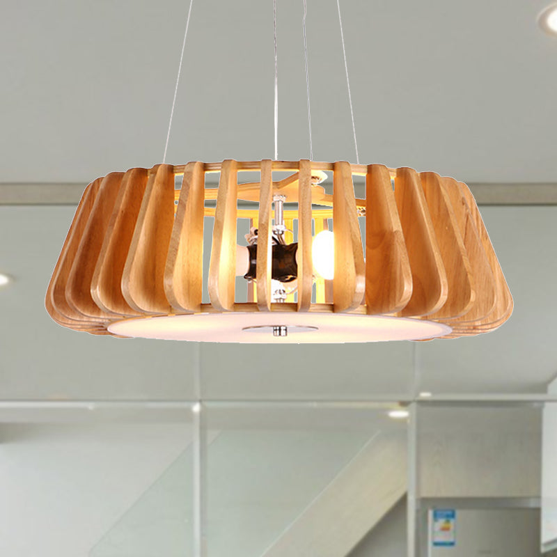 Triple Light Wooden Drum Chandelier For Modern Restaurant Decor