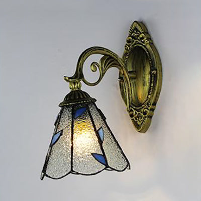 Vintage Aged Brass Curved Arm Wall Light With Stained Glass Cone Shade - White/Clear