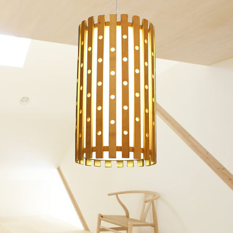 Hollow Bamboo Cylinder Ceiling Light: Modern Beige Hanging Lamp For Living Room Single Bulb