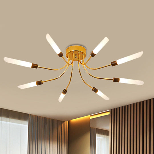 Contemporary Metal Sputnik Semi Flush Mount Lamp With White Glass Tube Shade - 6/8 Led Gold Lights
