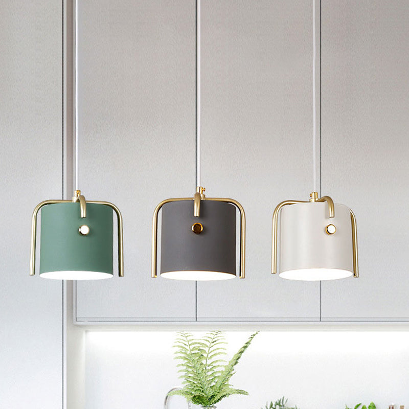 Stylish Macaron 1-Light Hanging Light: Metallic Gray/White Shade Suspension Lamp For Dining Room