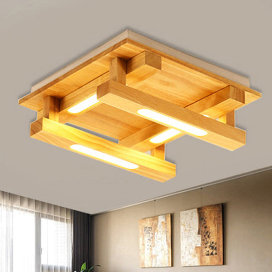 Led Flush Ceiling Light With Square Wood Shade - Modernist Brown Finish For Living Room (1/4/9