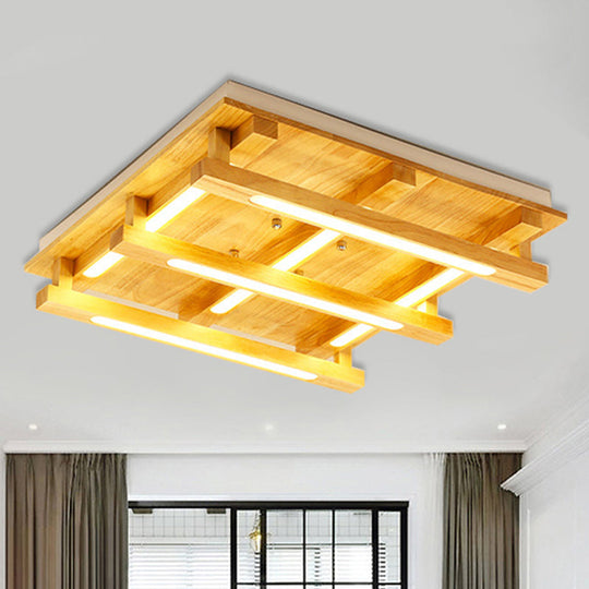 Led Flush Ceiling Light With Square Wood Shade - Modernist Brown Finish For Living Room (1/4/9
