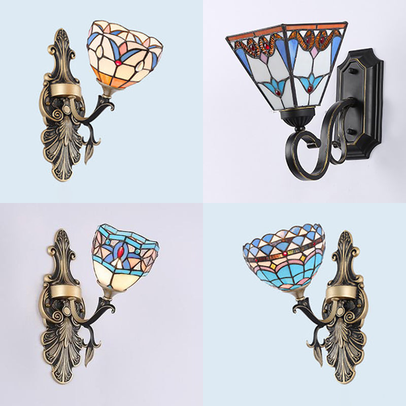 Blue Stained Glass Wall Sconce - Baroque/Flower/Gem/Magnolia Pattern Tiffany Design 1 Light Indoor