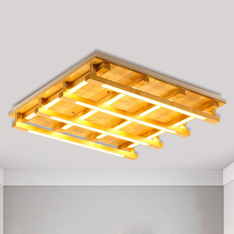 Led Flush Ceiling Light With Square Wood Shade - Modernist Brown Finish For Living Room (1/4/9