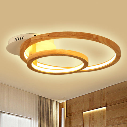 Modern 2 - Tier Ring Wood Led Brown Semi Flush Mount For Warm Bedroom Light - 18.5’/23’ Wide