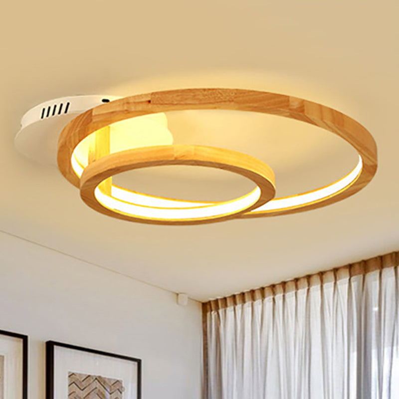 Modern 2 - Tier Ring Wood Led Brown Semi Flush Mount For Warm Bedroom Light - 18.5’/23’ Wide