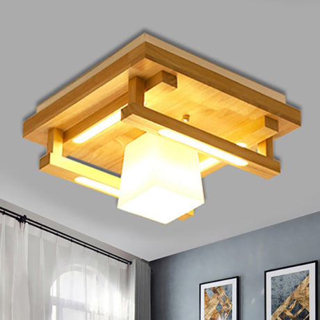 Modernist Wood Square Flush Mount Lighting With 1/4/9 Brown Led Lights And White Glass Cubic Shade