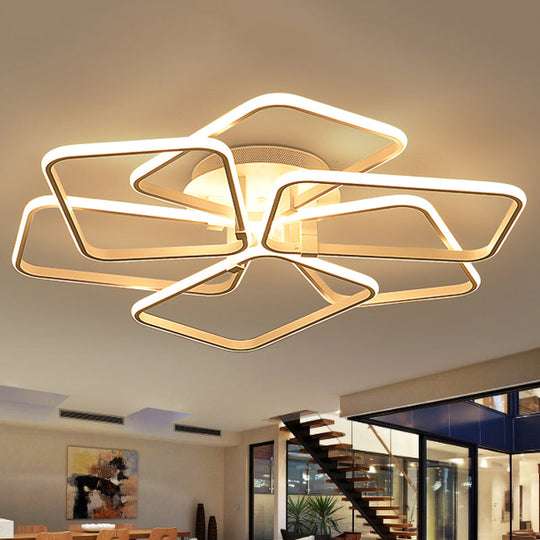 Modernist White Led Acrylic Semi Flush Lighting: 6 Rectangular Rings 31.5’/39’ Wide