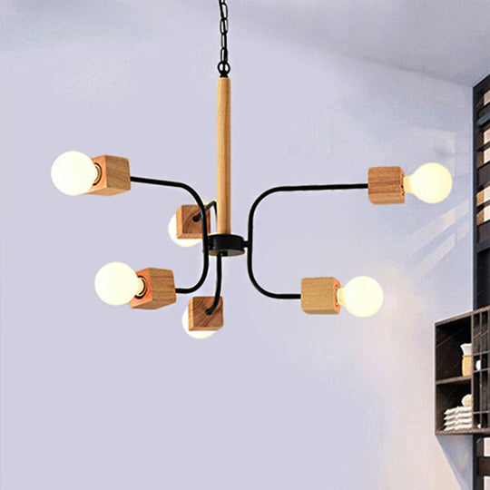 Modernist Curved Arm Pendant Chandelier: White/Black Multi-Light Wood Hanging Lamp With Chain