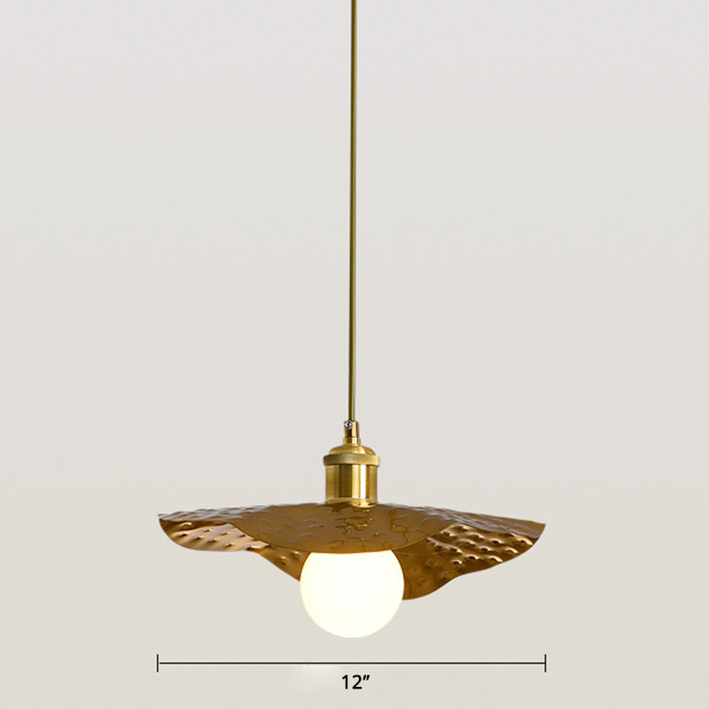 Postmodern 1-Light Brown Hammered Metal Lotus Leaf Pendant Ceiling Lamp