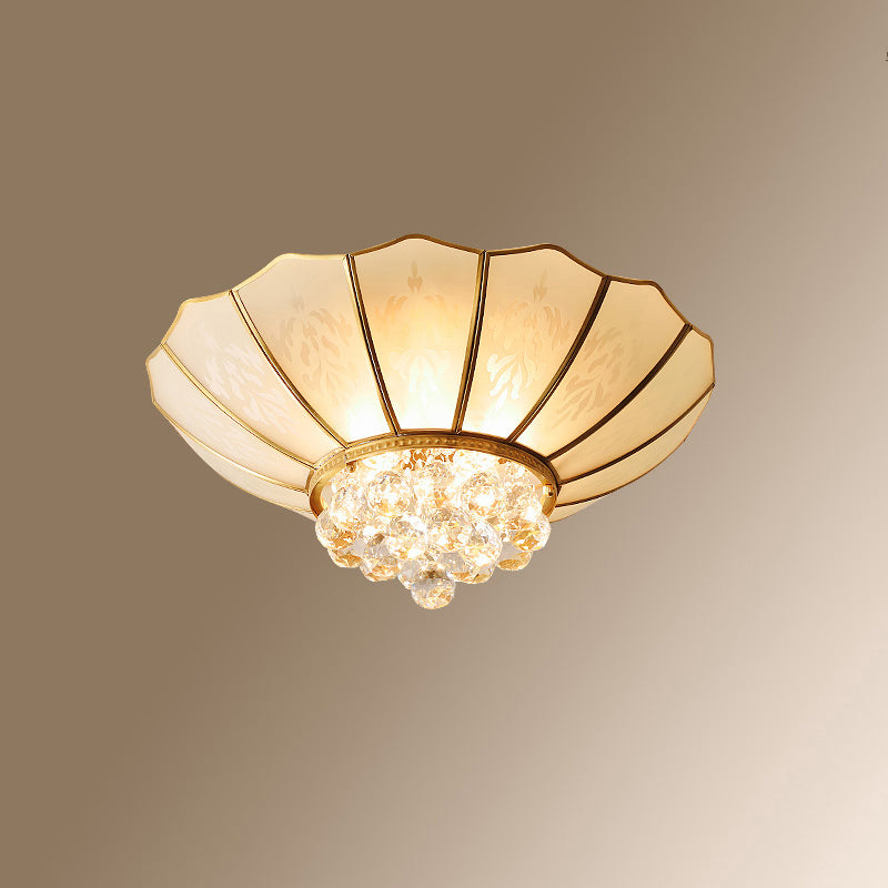 Colonial Style Gold Finish 4-Light Ceiling Flush Mount With Frosted Glass Bowl Shape / Crystal Bead