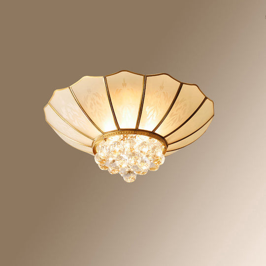 Colonial Style Gold Finish 4-Light Ceiling Flush Mount With Frosted Glass Bowl Shape / Crystal Bead