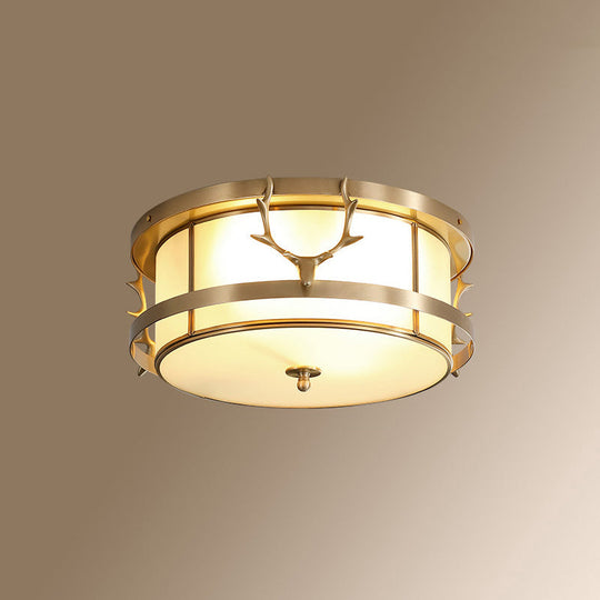 Colonial Style Gold Finish 4 - Light Ceiling Flush Mount With Frosted Glass Bowl Shape / Antler