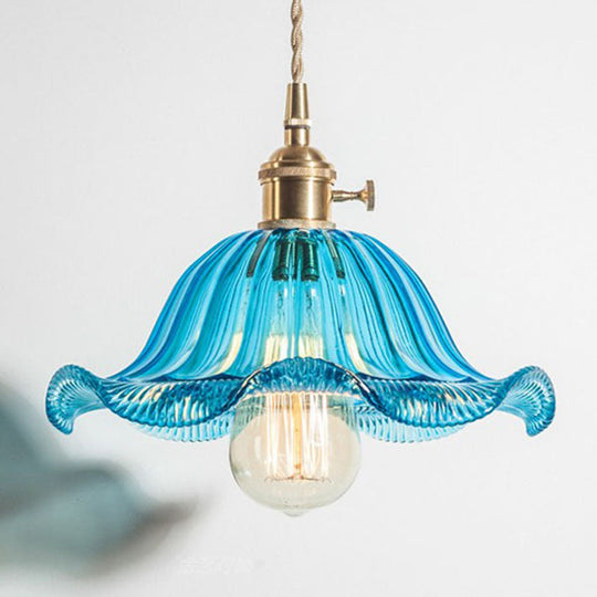 Retro Ruffled Hanging Light: Carved Glass Pendant Lamp With Rotary Switch Blue