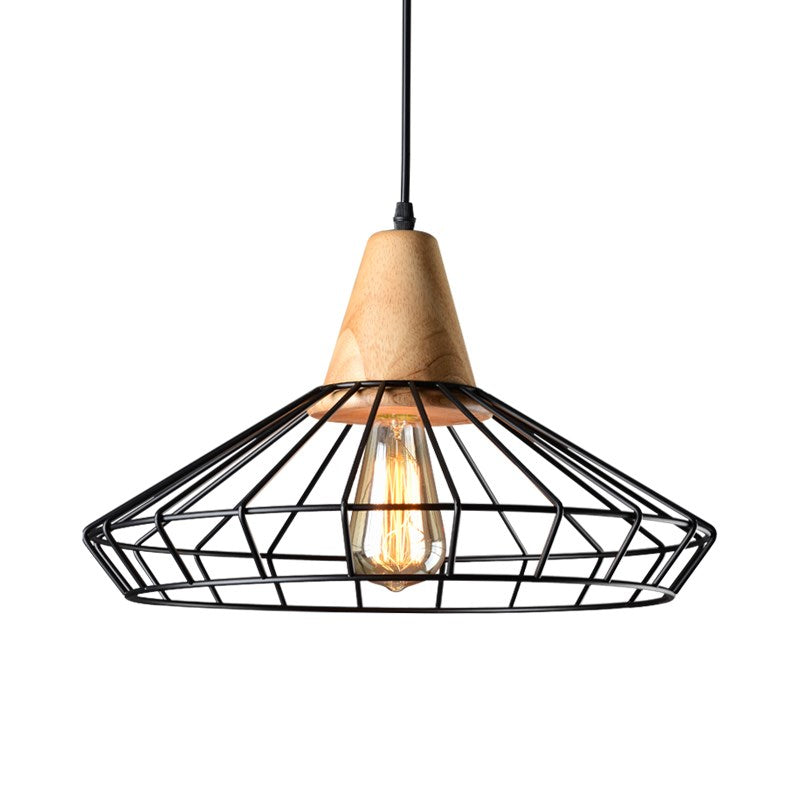 Rustic Black Metal Pendant Light With Wooden Socket - Commercial Grade 1-Light Caged Hanging Fixture