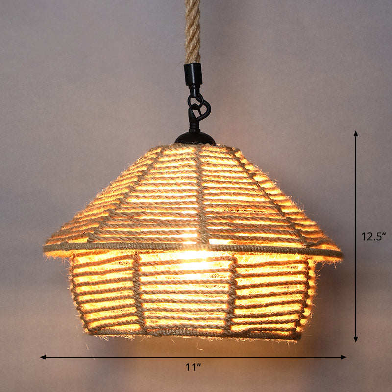Country Style Wood Rope Pendant Light For Restaurants - Single Cage Shade Suspension