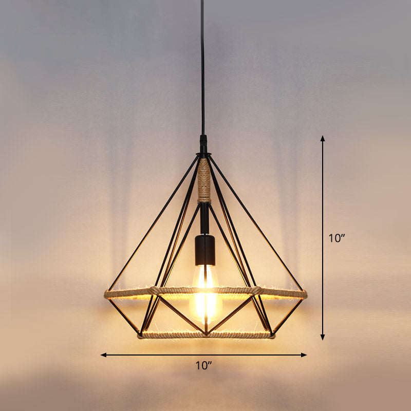 Country Style Wood Rope Pendant Light For Restaurants - Single Cage Shade Suspension