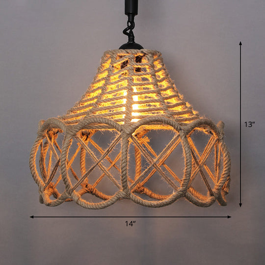Country Style Wood Rope Pendant Light For Restaurants - Single Cage Shade Suspension
