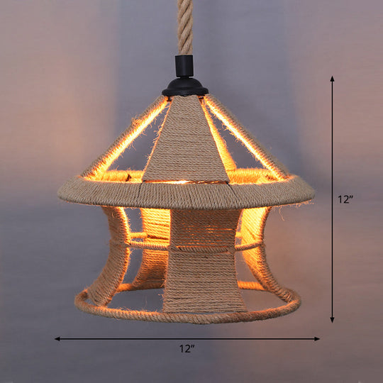 Country Style Wood Rope Pendant Light For Restaurants - Single Cage Shade Suspension