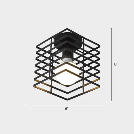 Industrial Metal Flush Ceiling Light Fixture - Cage Style Small Aisle 1 Head Black Flushmount