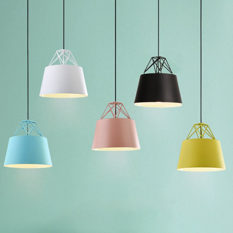 Tapered Macaron Pendant Ceiling Lamp - Metal Single-Bulb Suspension Fixture For Cafes