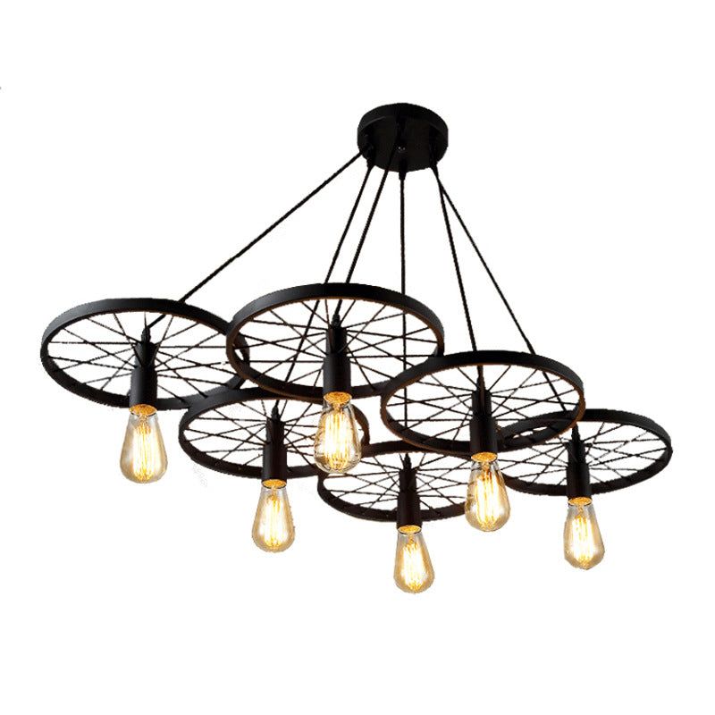 Industrial Metal Wagon Wheel Pendant Lamp: Black Hanging Light Fixture For Restaurants