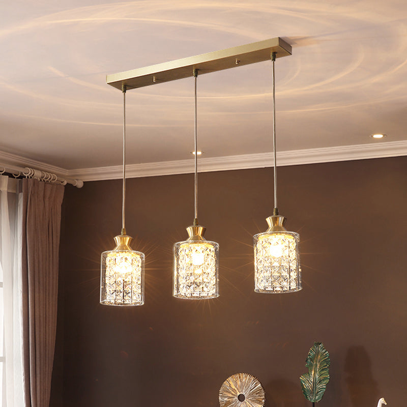 Gold Postmodern Crystal Pendant Light With 3 Shaded Heads For Dining Room Suspension