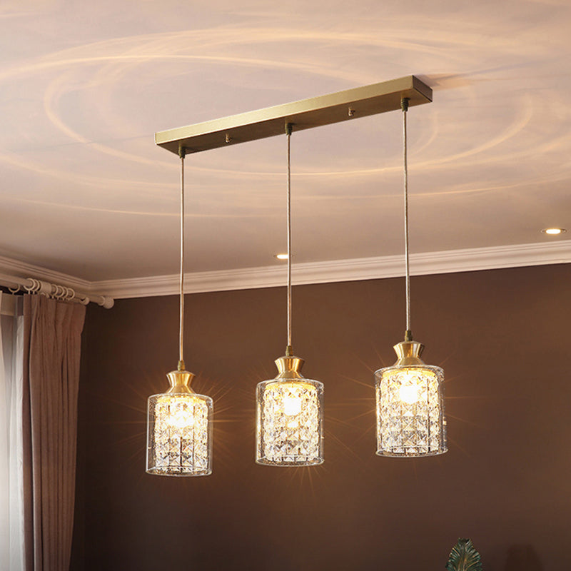 Gold Postmodern Crystal Pendant Light With 3 Shaded Heads For Dining Room Suspension / Cylinder