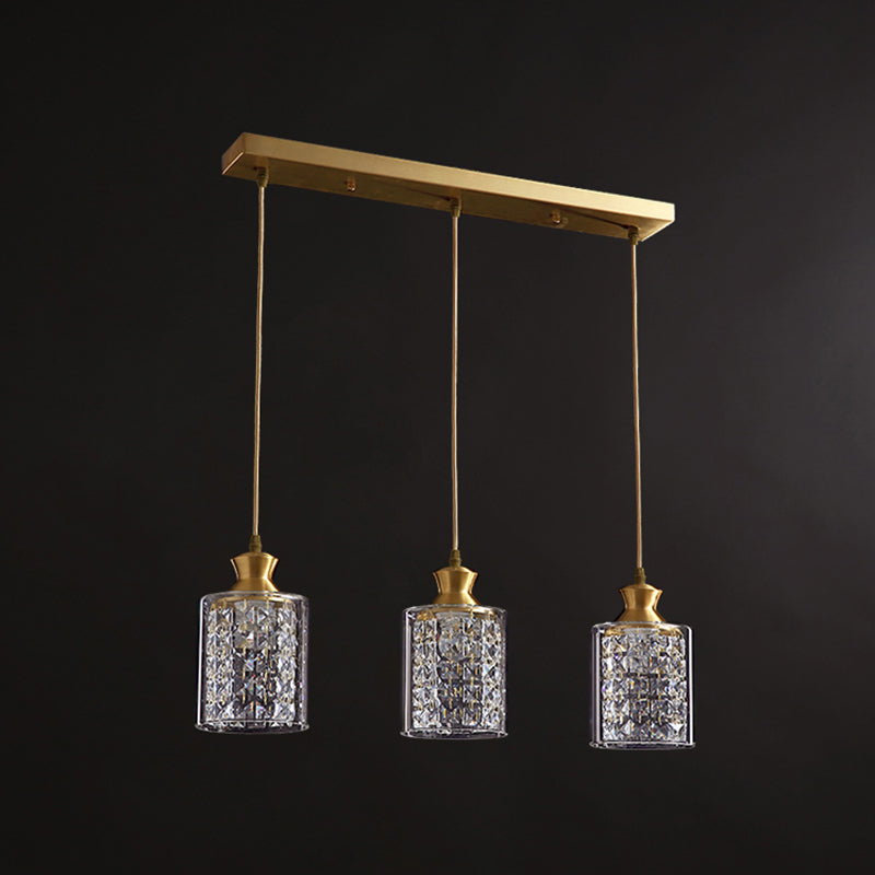 Gold Crystal Pendant Light - Postmodern Shaded Suspension 3 Heads Dining Room