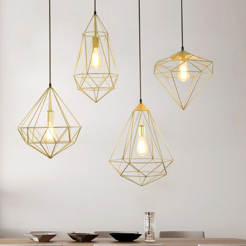 Loft Style Iron Wire Cage Pendant Lamp - Dining Room Suspension Light Fixture Gold / Geometric