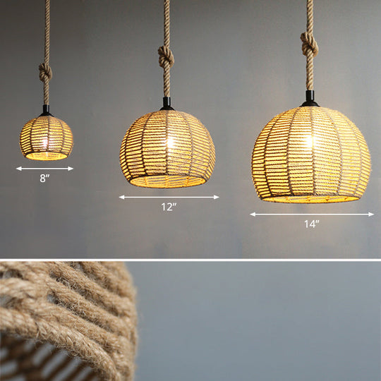 Hemispherical Farmhouse Hanging Lamp - 1-Light Hemp Rope Pendant Light For Dining Room