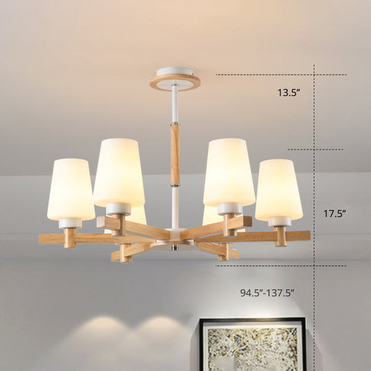 Modern Milk Glass Chandelier With Wood Suspension For Living Room Lighting