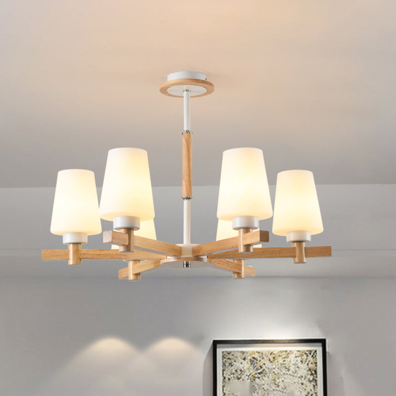 Modern Milk Glass Chandelier With Wood Suspension For Living Room Lighting 6 /