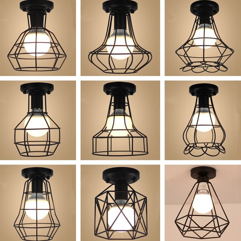 Industrial Cage Metal Ceiling Light In Black - Single - Bulb Semi Flush Fixture Ideal For Corridor