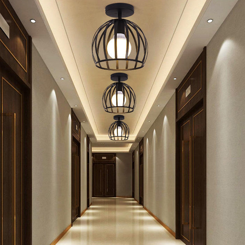 Industrial Cage Metal Ceiling Light In Black - Single - Bulb Semi Flush Fixture Ideal For Corridor