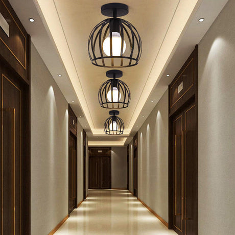 Industrial Cage Metal Ceiling Light In Black - Single - Bulb Semi Flush Fixture Ideal For Corridor