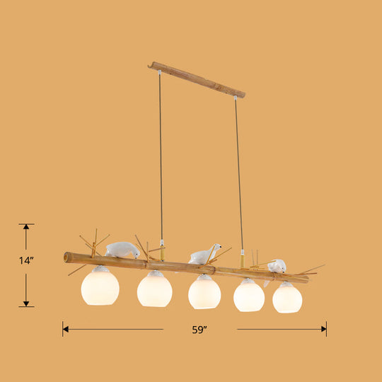 Modern Cream Glass Wood Pendant Light With White Bird Deco - Dome Island Fixture