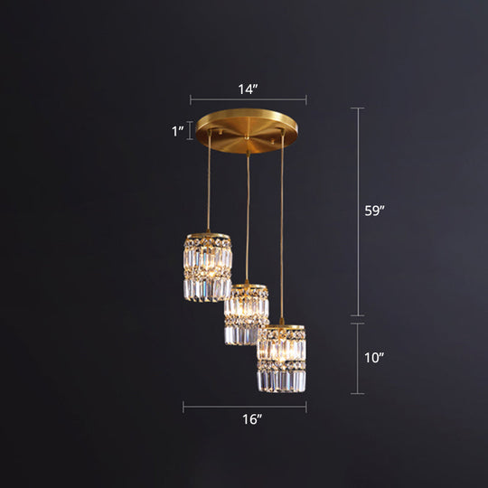 Minimalist Gold Pendant Light Fixture: Crystal Cylindrical Multi-Light 3-Light Hanging Design For