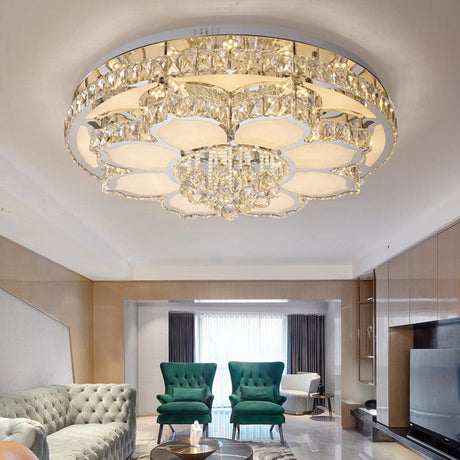 Modern White Led Crystal Flower Ceiling Light For Living Room With Flush Mount Design