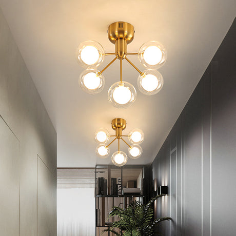 Minimalistic 5-Head Clear And Frosted Glass Molecule Ceiling Fixture For Corridor Lighting