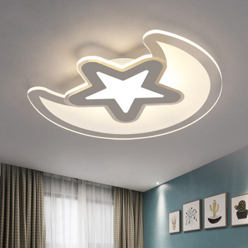 Crescent And Star Led Cartoon Ceiling Light For Children’s Room In White