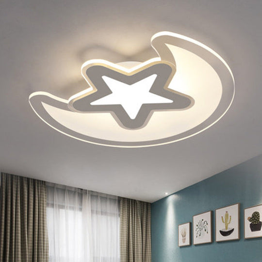 Crescent And Star Led Cartoon Ceiling Light For Childrens Room In White
