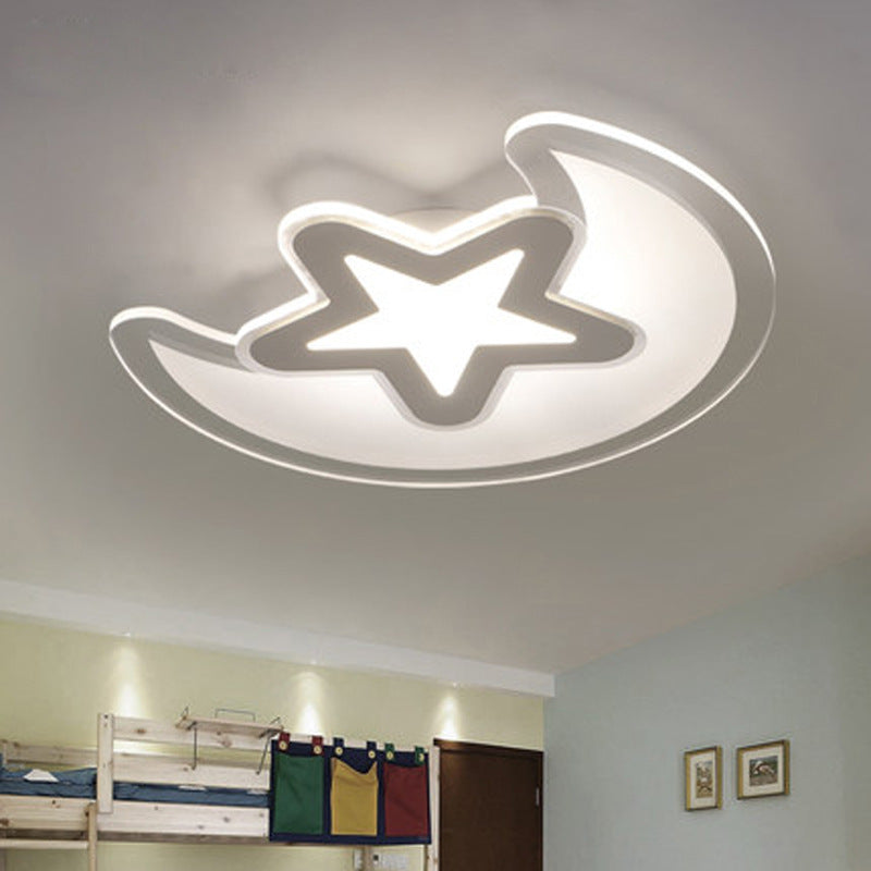 Crescent And Star Led Cartoon Ceiling Light For Childrens Room In White