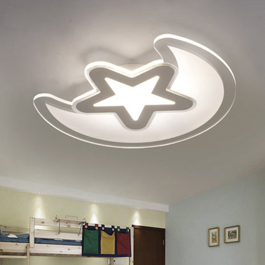 Crescent And Star Led Cartoon Ceiling Light For Childrens Room In White