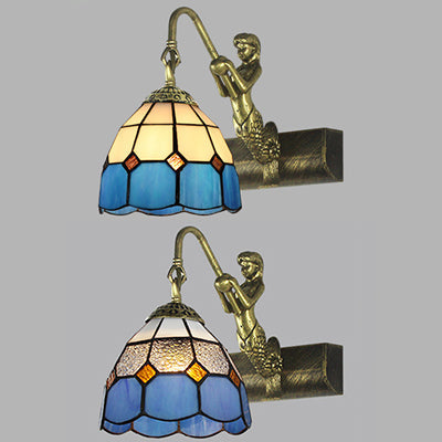 Blue/Clear Glass Dome Wall Light Fixture With Baroque Sconce Detailing And Mermaid Backplate