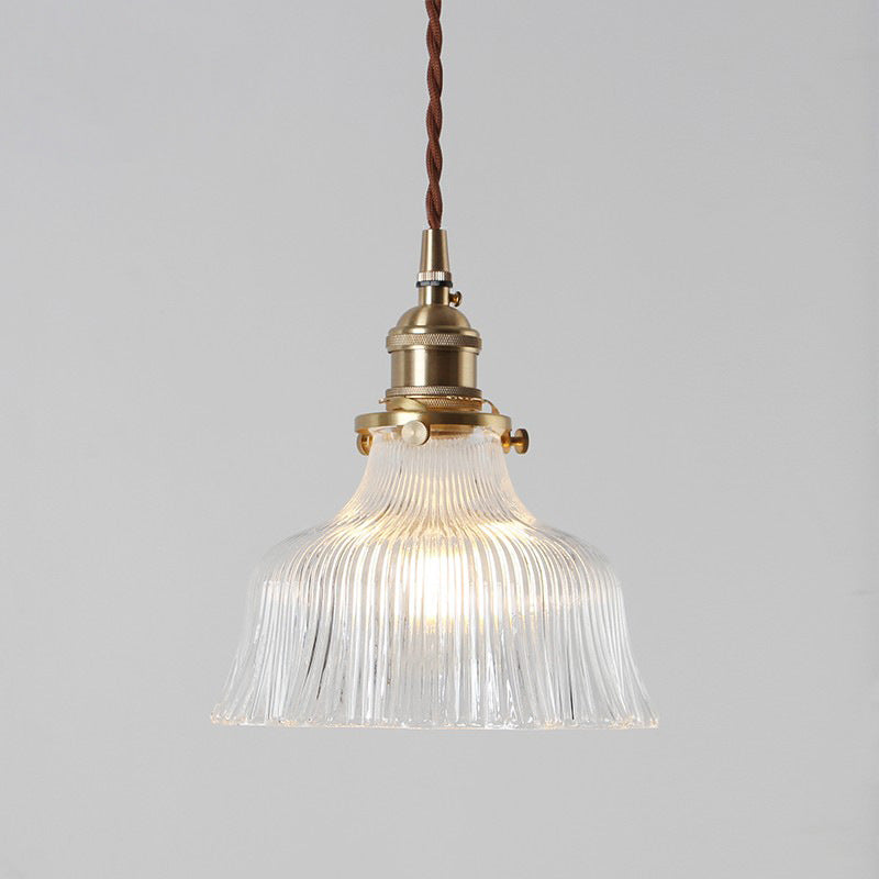 Nautical Brass Pendant Lamp - Clear Glass Pleated Design 1-Light Ceiling Fixture For Restaurants