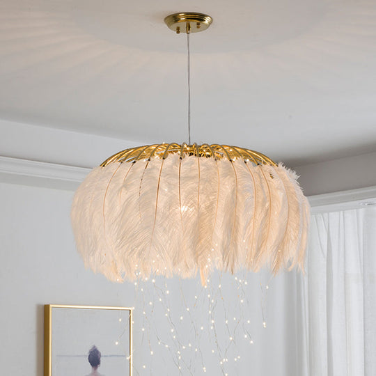 Nordic Feather Bedroom Ceiling Pendant Light: Round Chandelier With Firefly Led String White / 19.5