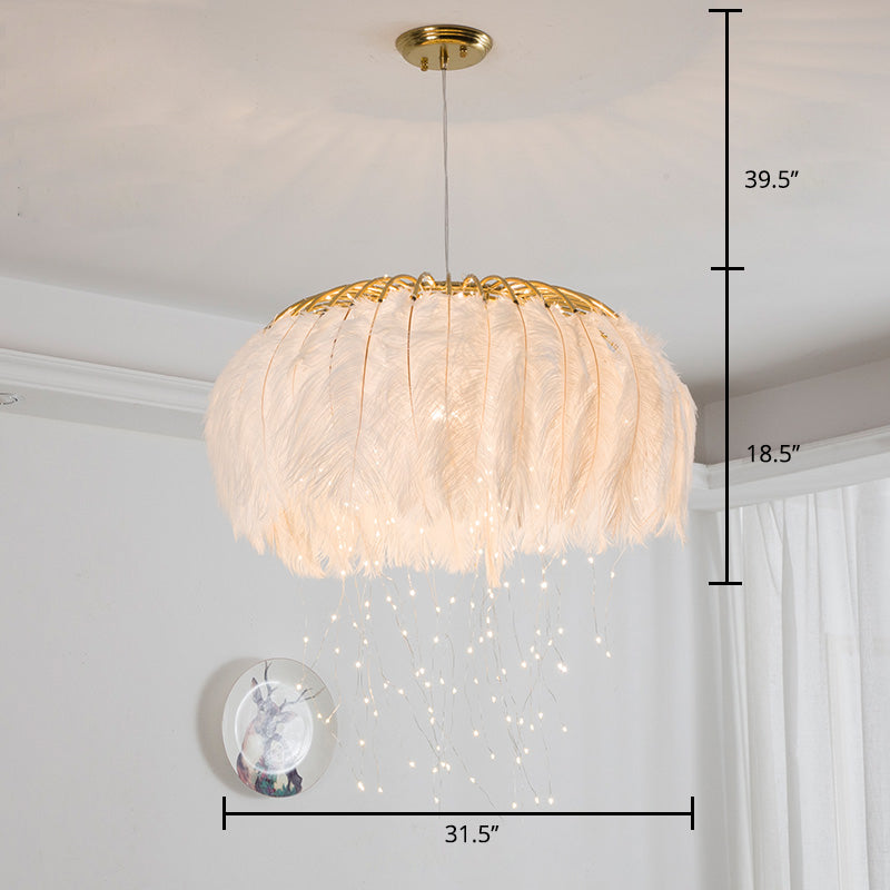 Nordic Feather Bedroom Ceiling Pendant Light: Round Chandelier With Firefly Led String
