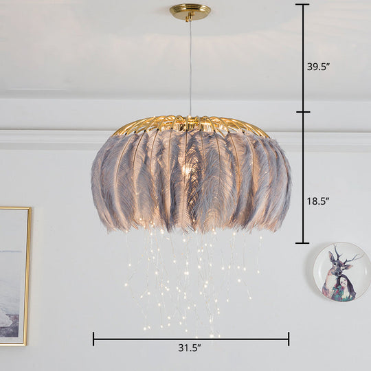Nordic Feather Round Chandelier - Led Pendant Light For Bedroom With Firefly String